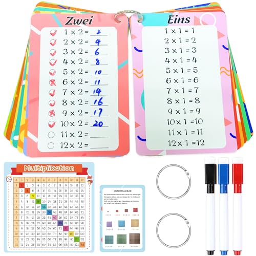 1x1 Lernkarten, Einmaleins 1x1 Lernen Spiel, 15 Lernkarten für Kinder inkl. Lernhilfen und Übungen, Abwischbar Ohne zu Schmieren und Ohne Farbrückstände