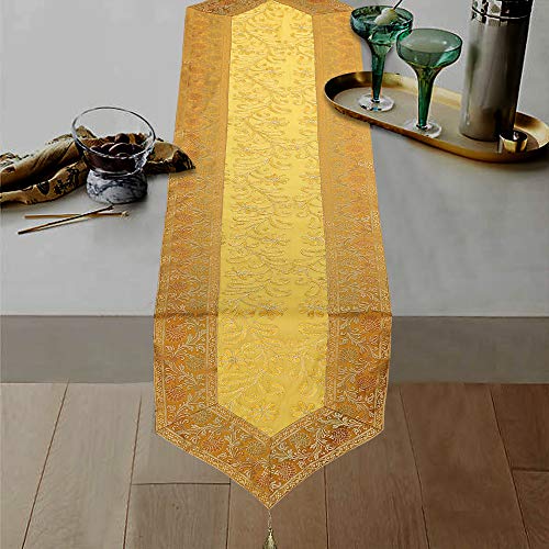Image of Ari Zari Embroidery Table Runner for ining Table 6 Seater 72IN Indian Satin Traditional Long Runner Up with Tassels Tablecloth for Room & Runner (Orange)