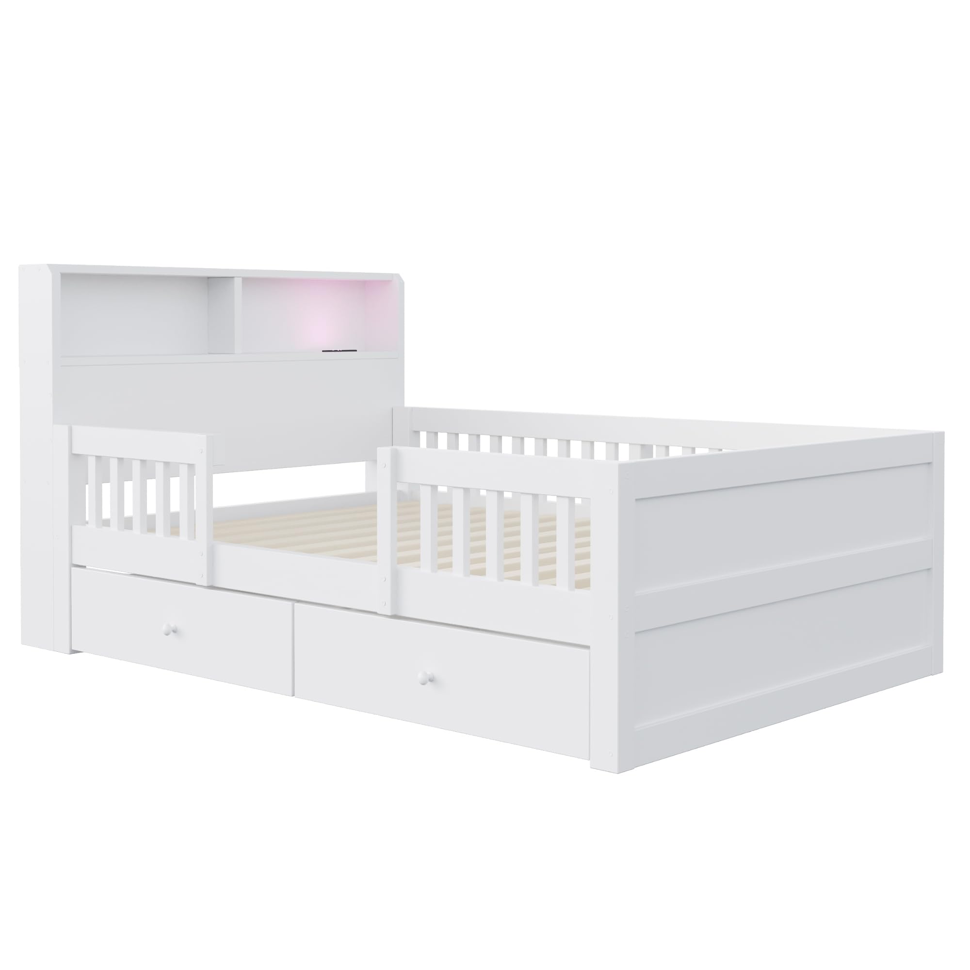 Cama de Madera de 90x190 cm, cabecero con repisa, Color Blanco