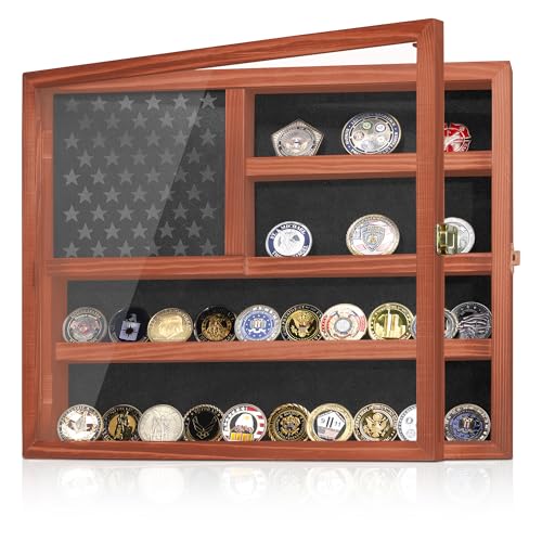 Challenge Coin Display Case, Lockable Military Coin Holder Cabinet with Removable Star Board and Anti-Fade Acrylic Door, Solid Wood Wall Mount Coins Collection Rack Stand, Brown