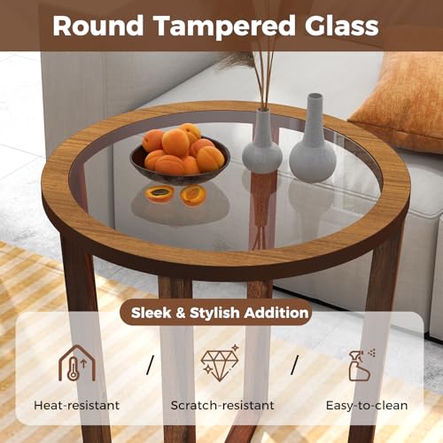 Giantex GX11664BN-JV Glass Round End Table, Sofa Side Table With Transparent Tempered Glass Top, Accent Table With Solid Acacia Wood Legs & Cross Base, For Living Room Bedroom thumb #4