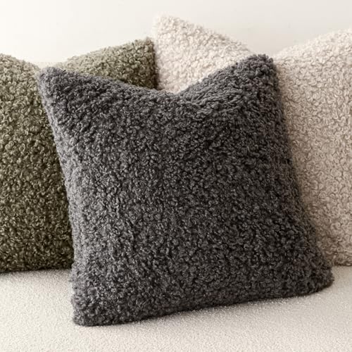 Image of Foindtower Set of 2 Curly Teddy Wool Pillow Covers Decorative Boucle Textured Lumbar Throw Pillow Faux Fur Sherpa Pillowcases Sheepskin Fuzzy Cushion Case for Sofa Bedroom Car 12 inchx20 inch Dark Gray