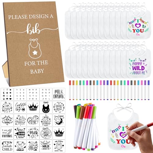 Panitay 100 Pcs DIY Baby Bibs Decorating Kit 50 White Bibs 25 Stencils 24 Markers 1 Baby Shower Game Sign(Kraft)