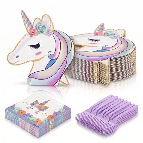 EiPibaibyi Unicorn Plates and Napkins Serves 24 Kids Birthday Decorations