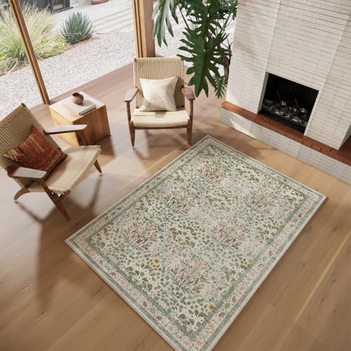 Image of Vintage Washable Area Rug 4x6, Beige & Blue Low Pile Non-Slip Stain Resistant, Distressed Retro for Bedroom Under Bed, Living Room, Nursery, Kitchen & Entryway