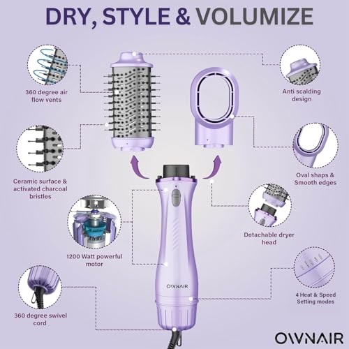 Image of Ownair Hot Air Brush for Hair with Dryer, 4 Heat & Speed Modes, Warm Air Styling, 1200 Watts, Hair Dryer for Women, Styling Brush with 360 Swivel Cord for Easy Styling