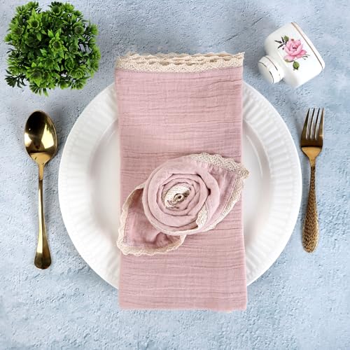Image of FINGERCRAFT Cloth Napkins Set of 8, 20x20 Inch, Soft Cotton Muslin Dinner Napkins with Lace Edge, Reusable Washable Table Napkins for Wedding, Party, Dining & Home Decor (Peach Wipe)