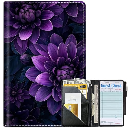Livre de serveur avec fermeture éclair violet motif fleurs en cuir pour tablier