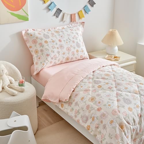 Image of DuShow Floral 4 Piece Girls Toddler Bed Comforter Set Pink Flower Reversible Toddler Bedding Set Soft Baby Crib Bed Sheets Set in a Bag | Include Quilt Comforter,Flat Sheet,Fitted Sheet,Pillowcase
