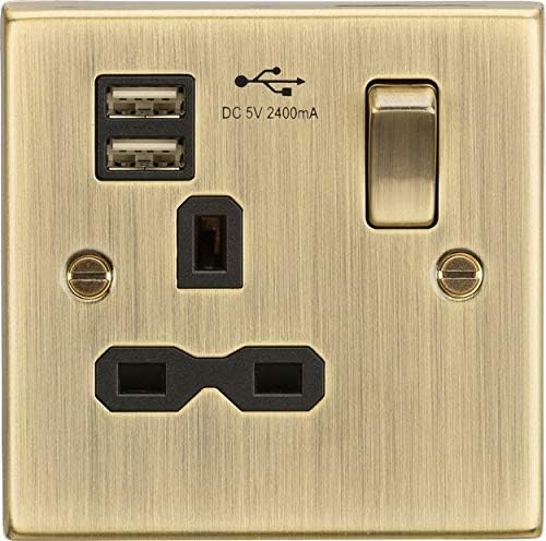 13A 1G Switched Socket Dual USB Charger Slots with Black Insert - Square Edge Antique Brass