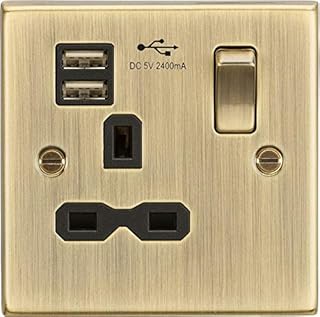 13A 1G Switched Socket Dual USB Charger Slots with Black Insert - Square Edge Antique Brass