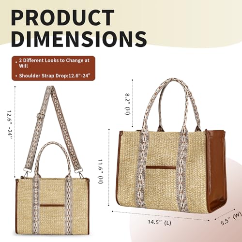 Image of Herald Straw Beach Tote Bag for Women, Summer Boho Handmade Woven Shoulder Purse Handabg with Adjustable Wide Strap