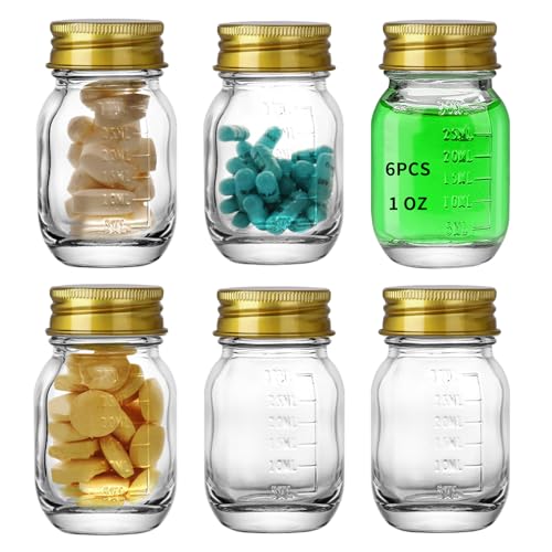 eispap 6Pcs Glass medicine bottles 1oz 30 ml Glass Reagent Bottles Transparent Sample Jar Wide Mouth Gold Cap with Scale for Home Argent Lid (6)