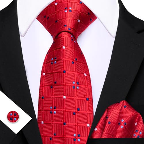 Image of Barry.Wang Mens Tie Set Plaid Check Neckties Formal Business Wedding Luxury Pocket Square Cufflinks
