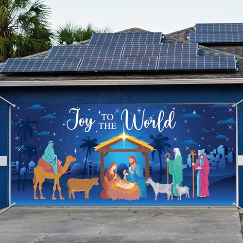 Buryeah Christmas Garage Door Decorations 6 x 13 ft Christmas Garage Door Cover Banner Large Backdrops for Holiday Cover for Indoor Outdoor(Nativity Style,Blue)