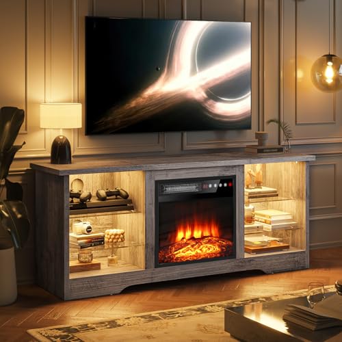 VITESSE 58 Inches Fireplace TV Stand for TVs up to 65 Inches Console with 18'' Electric Fireplace & Remote,Wooden Modern Entertainment Center for Living Room with LED Light Glass Shelves(Gray)