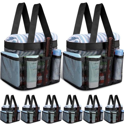 8 Packs Mesh Shower Caddy Portable Large Shower Caddy Dorm with 8 Pockets and Handles Quick Dry Shower Bags Hanging Bath Bag Dorm Room College Essentials for Bathroom Gym Camp (Black)