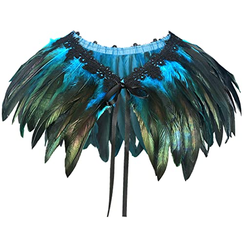 ZAKIA Women's Black Natural Feather Shawl Cape Gothic Feather Shrug Poncho Collar Halloween Cosplay Costume