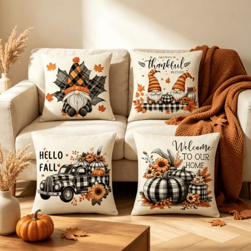 NIULAA GNOME Zwerg Herbst Kissenbezug Leinen 50x50 4er Set – Ansicht 2