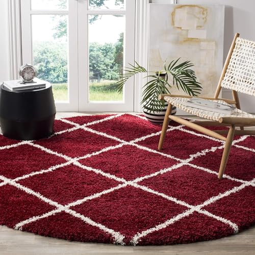 Image of Modern Shaggy Round Rug | Ultra-Soft Plush Circle Carpet for Living Room, Bedroom, Nursery | Fuzzy, Fluffy Area Rug with Non-Slip Base (Red B, 4x4 feet, Round)