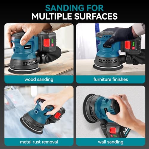 Yofidra Random Orbital Sander, 125mm Cordless Random Orbit 3 Variable Speeds, 12000 OPM, 2PCS 3.0Ah Battery and Charger, with Dust Collection for Wood and Steel 8 Yofidra Random Orbital Sander, 125mm Cordless Random Orbit 3 Variable Speeds, 12000 OPM, 2PCS 3.0Ah Battery and Charger, with Dust Collection for Wood and Steel - Image 8