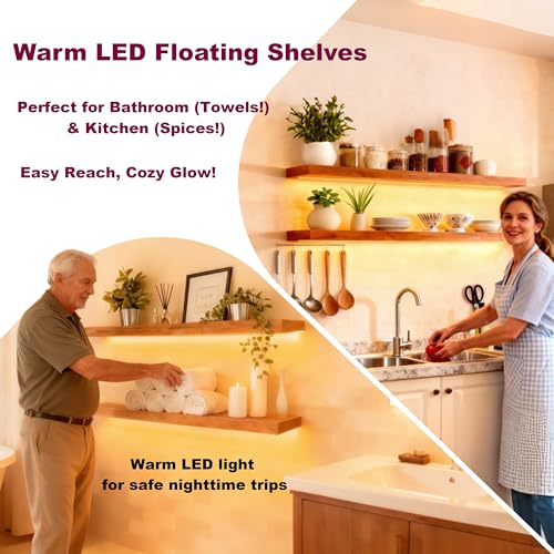 Image of ROGMARS 36 Inches Long Walnut Floating Shelves with Led Light | Rustic Solid Wood Farmhouse Wall Shelves with Invisible Brackets for Bedroom, Living Room, Kitchen, Bathroom Set of 2