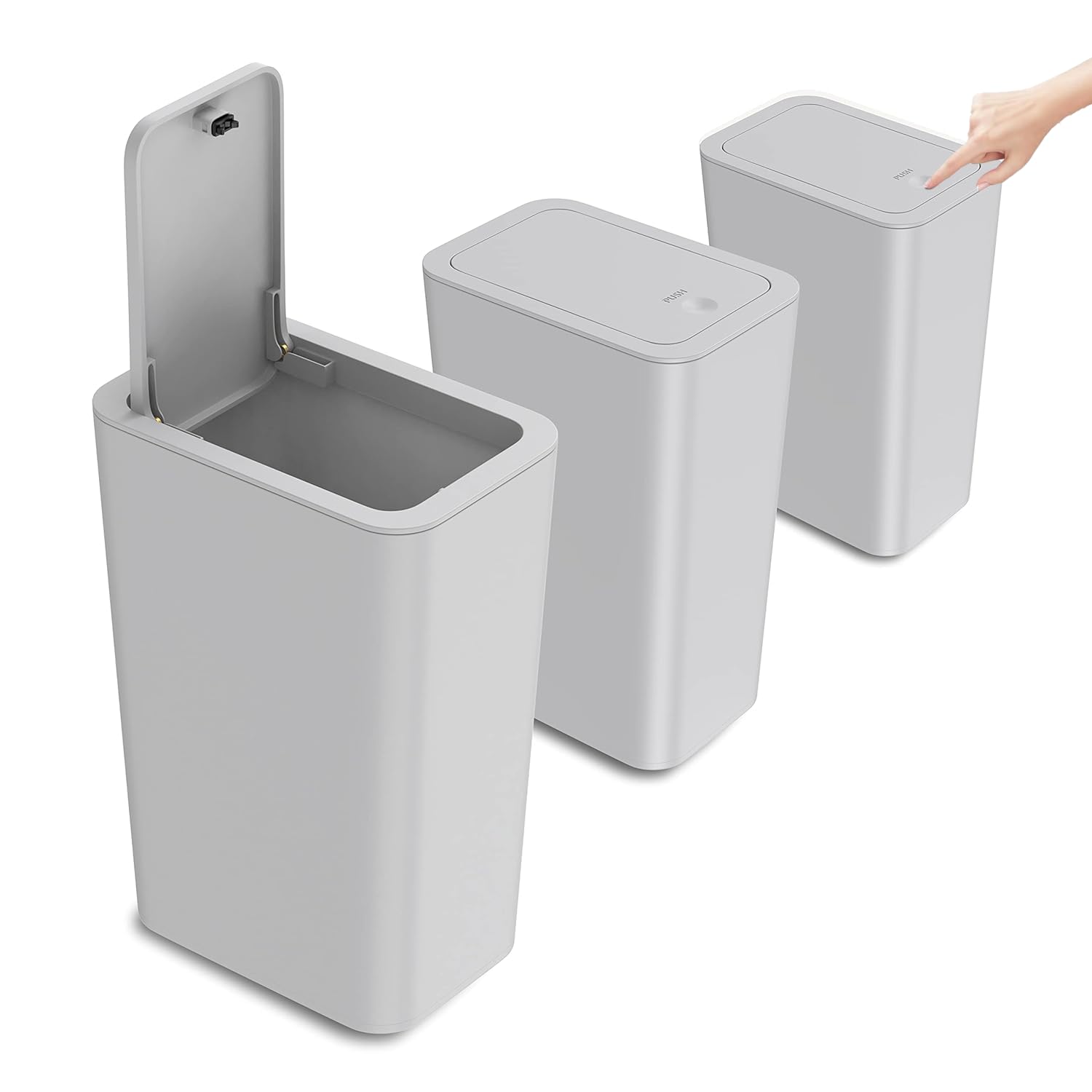 3 Pack Bedroom Bin,10L Slim Bathroom Bin with Lid,Push Button Plastic Waste Bin for Bathroom Anti-Odour,Plastic Thin Trash Can for Office,Living Room,Kitchen,Toilet (Grey)