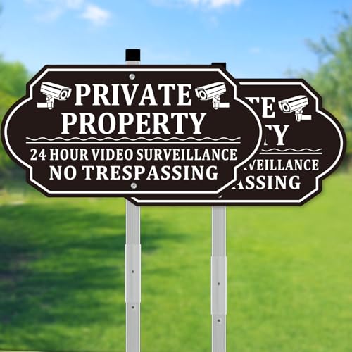 No Trespassing Signs Private Property Video Surveillance Sign No Trespassing Video Surveillance Signs Aluminum Camera Signage for Property with Long Stake Easy to Install for Outdoor (2 Pack)