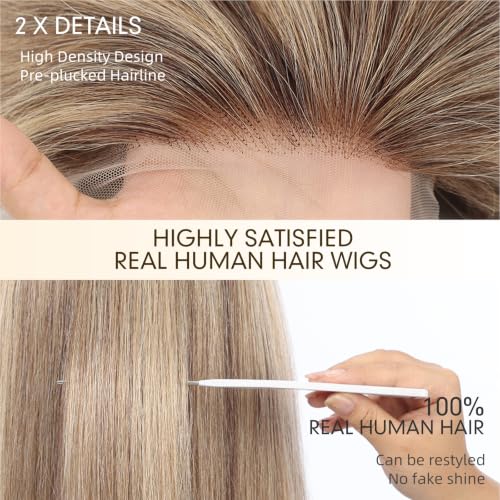 Image of KKU 100% Human Hair Wig, Lace Front Wigs Human Hair Side Part,Light Brown Mixed Blonde Wig Human Hair, Real Human Hair Wigs for Women(16Inch)
