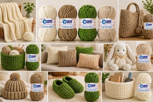 Image of ProKart - Blankie Plush & Cuddly Chenille Yarn for Knitting & Crochet | Super Soft Velvet Pastel Yarn for Blankets, Baby Toys & DIY Crafts | 100g, Pack of 4 (Beige, Brown, Dark Green, Off White)