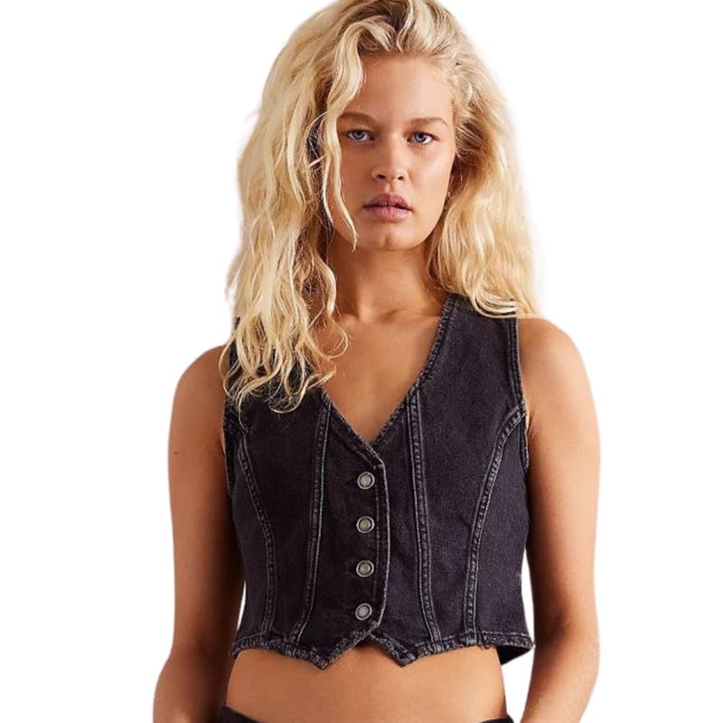 fensir Women’s V-Neck Denim Vest | Adjustable Straps | Sleeveless Button Front Casual Top-picture-13