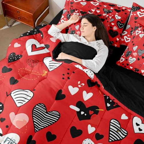 Image of Erosebridal Love Heart Comforter Set Full 7 Piece Red Heart Shaped Bed in A Bag Romantic Valentine Theme Bedding Sets for Kids Girls Geometric Stripes Sheet Set with Comforter