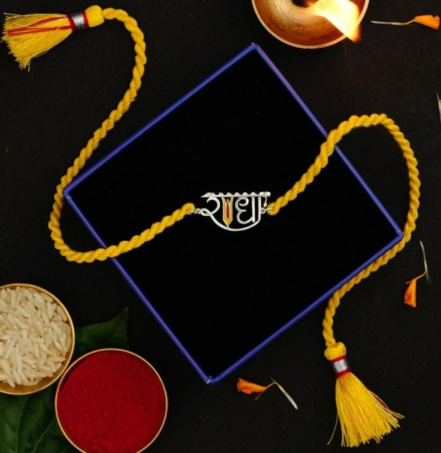 Image of Meenakari Heriatge Jewellery 925 Sterling Silver Morpankh (Peacock feather) Radha Krishna Rakhi Set For Men /Boys /women /Unisex With Roli Chawal, Rakshabandhan greeting Card and Authenticity certificate
