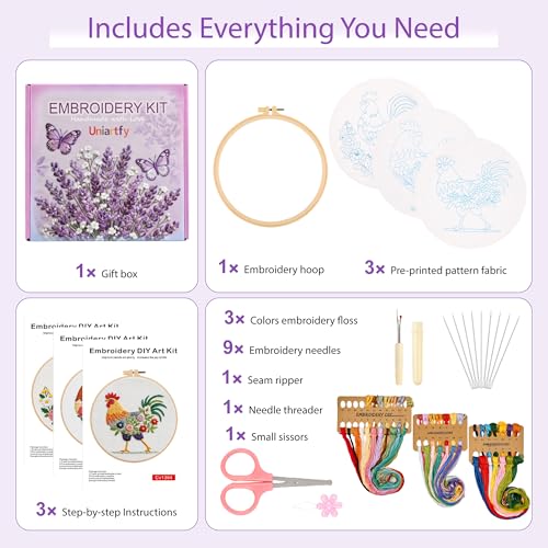Image of Uniartfy 3 Pack Funny Rooster and Flower Embroidery Kits for Beginners, Animal Cross Stitch Kit for Adults, DIY Needlepoint with Stamped Pattern, Embroidery Hoop, Tools, Colorful Threads, Instructions