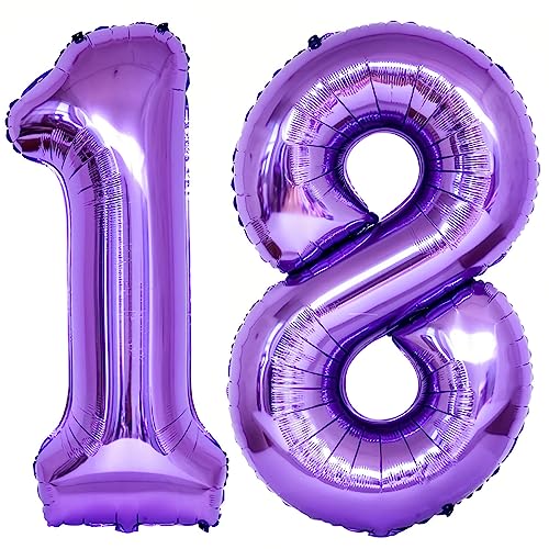 Image of Number 18 Purple Balloons 40 Inch Giant Purple 18 Number Foil Helium Balloons for 18th Purple Birthday Party Supplies 18th Anniversary Events Decorations