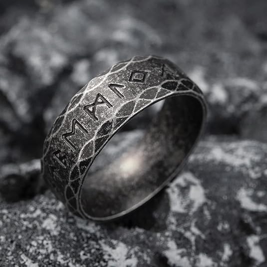 Image of squishy Titanium Ring for Men, Viking Rune Engraved Ring for Men, Nordic Mythology Inspired Jewelry, Unisex Viking Jewelry for Daily