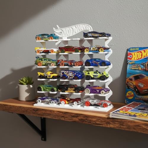 Image of Premium 18-Car Display Rack in Pure White for Hot Wheels & 1:64 Scale Cars, Eco-Friendly Biodegradable Plastic, 24 cm H x 22.3 cm B x 4.8 cm W (***Toy Cars NOT Included***)