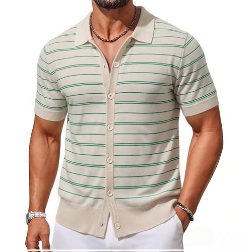 Image of XINSHIDUN Mens Knit Polo Shirts Short Sleeve Button Down T Shirts Striped Summer Beach Casual Golf Shirts (US, Alpha, XX-Large, Regular, Regular, Green)