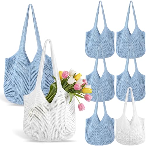 Sunnymove 6 Pieces Bridesmaid Crochet Tote Bag for Last Toast on the Coast Gifts Blue and White Bachelorette Gift Women Shoulder Mesh Beach Tote for Bridal Shower Party