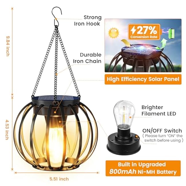 Solar Lanterns Outdoor Waterproof 4 Pack, Upgraded Metal Hanging Solar Lights for Outside with Auto On/Off & Hook - Brighter Hanging Outdoor Lanterns Decorative Lighting for Garden Patio Yard