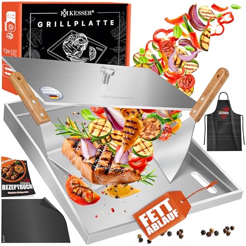 KESSER® Plancha Grillplatte Edelstahl mit Deckel & Fettablauf 40x30cm rostfrei hitzebeständig bis 800°C & Spülmaschinenfest für Gas & Holzkohlegrill mit 2 Spatel, Grillschürze, Grillmatte & Rezeptbuch