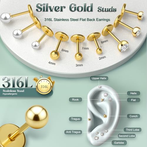 Flat Back Earrings Studs : 14K Gold Filled Titanium Surgical Steel Stud Earring Hypoallergenic for Women Men 18G Cartilage Helix Tragus Conch Piercing Jewelry Dainty Ball Earrings Set2