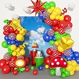 160Pcs Red Blue Yellow Green Balloon Arch Garland Kit, Mushroom Confetti 4D Star Foil Primary Color Carnival Circus Balloons for Boys Girls Cartoon Video Game Birthday Party Decorations Supplies