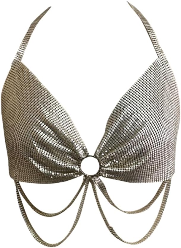 Matte Silver Metallic Sequin Body Chain for Women Sexy Glitter Halter Crop Tank Top Backless Sparkly Shirt Blouses Clubwear