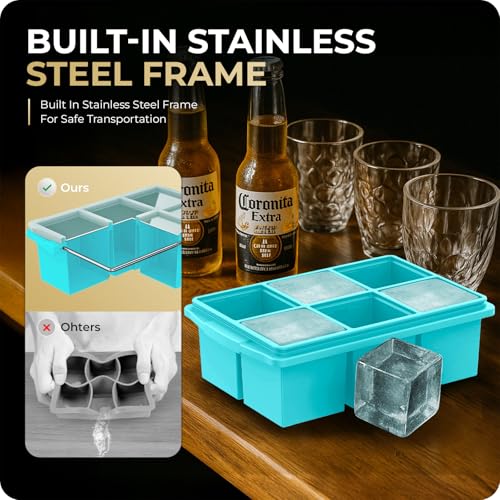 Image of Large Ice Cube Trays for Whiskey, Silicone Ice Cube Tray, with Reinforced Steel Ring Top, Makes 12 perfect 2-in ice cubes, Square Ice Tray for Cocktails, Whiskey, Coffee. (2 Pack)
