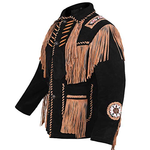 Mens Cowboy Western Suede Leather Jacket with Bones Beads Fringes- Bikers Style Mens Classic Fashion.4