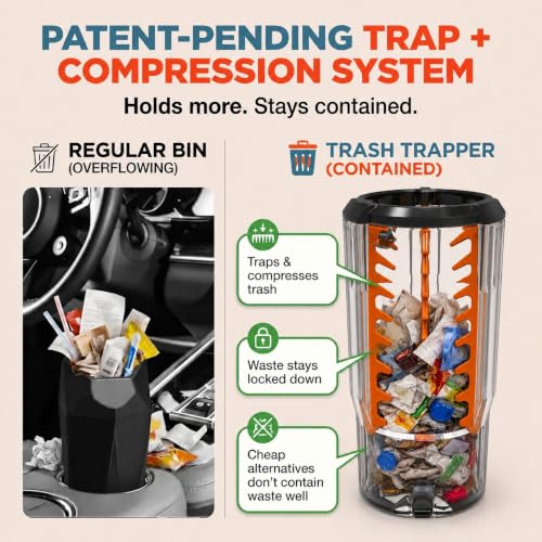 Image of Trash Trapper Car Trash Can Cup Holder | Micro Car Trash Can | Fits Flush in Most Cupholders | 3.5 inch x 3.5 inch | Traps More & Empties Less, Patent-Pending Compaction, Holds Small Garbage, Black /Black