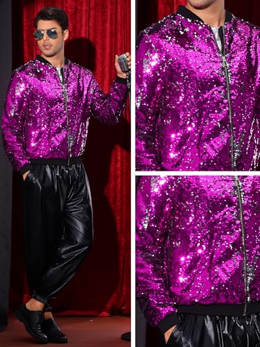 Image of Lars Amadeus Sequin Varsity Jacket for Men's Zipper Party Disco Flip-Sequin Shiny Bomber Jackets