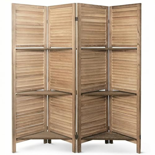 Bluecat 4 Panel Folding Room Divider with Shelves Portable Lightweight Privacy Screen for Bedroom Home Office No Assembly Required Brown