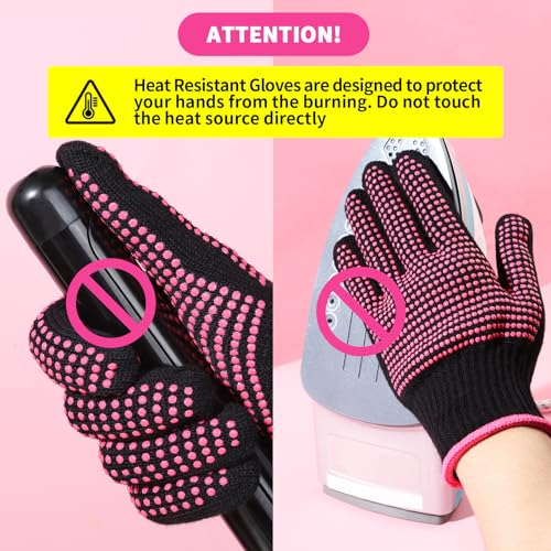 teenitor 2 pcs heat resistant gloves with silicone bumps professional heat proof glove mitts for hair styling curling iron wand flat iron hot-air brushes sublimation gloves rose red